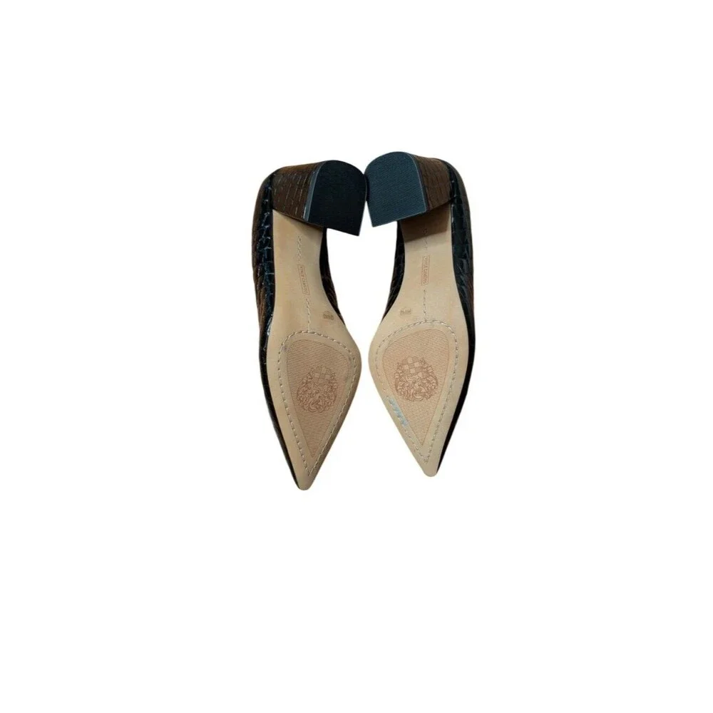 Vince Camuto Black Croc Embossed Leather Pointed Toe Block Heel Pumps Size 9M